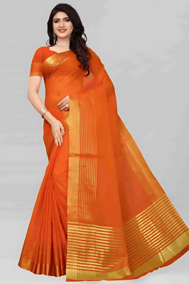Pretty Net Saree For Women (Orange)