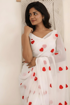 white thread embroidered georgette saree