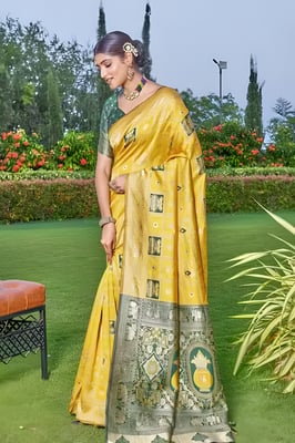 yellow Banarasi cotton silk saree with a yellow 