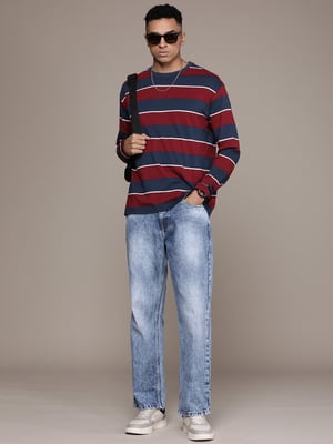 Roadster The Life Co. Striped Relaxed Fit Pure Cotton T-shirt