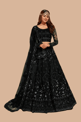 Embroidered Semi Stitched Net Lehenga Choli For Women (Black)