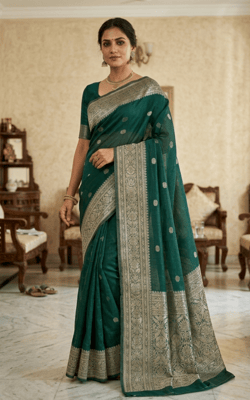 Ornate Gilded Bottle Green Saree