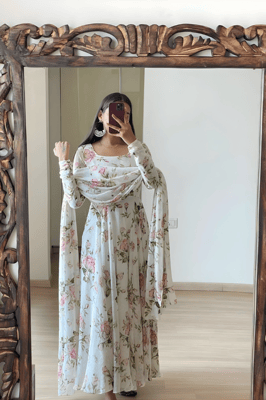 White Floral Gown With Dupatta Set for Women (pink)