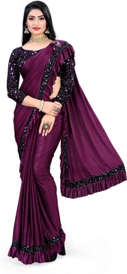 Pranshi Fashion Embellished Bollywood Lycra Blend Saree (Purple)