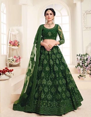Embroidered Green Net Lehenga for Women 
