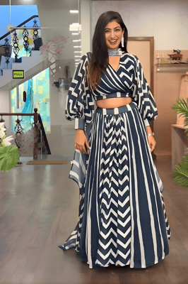 Buy, Fashion Women's Crepe Silk Lehenga Choli With Dupatta Set (Blue & Beige)