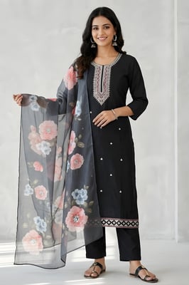 Round Neck Sequence Work Roman Silk Women Kurta Set  