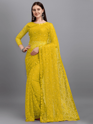 Moti Work Yellow Soft Net Saree for Women 