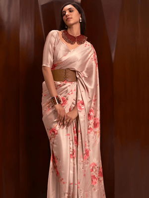 Floral Print Satin Silk Saree For Women