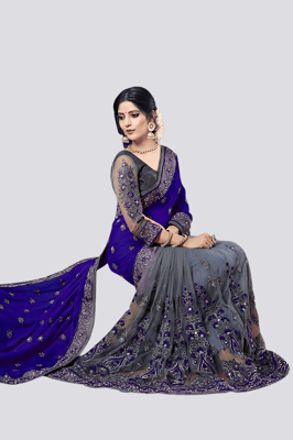 Self Design Bollywood Embroidered Net And Silk Saree With Blouse Piece (Blue)