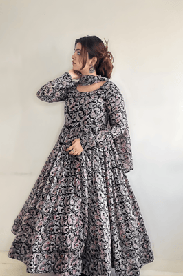 black Floral Gown With Dupatta Set for Women
