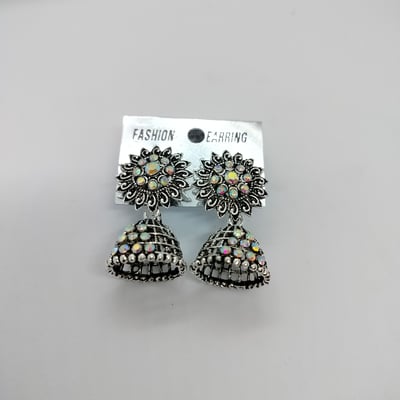  Oxidised Silver Jhumka Earrings, Floral Design 