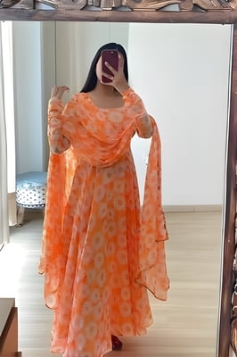 Orange Floral Gown With Dupatta Set for Women