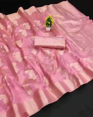 Premium Pink Banarasi Organza Silk Saree With Blouse Piece