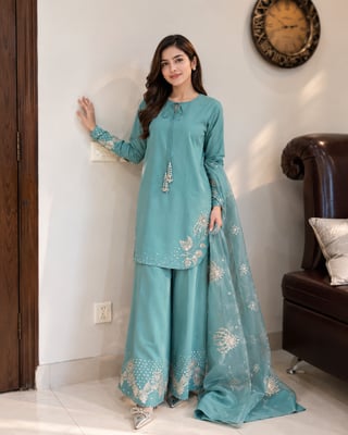 New Designer Collection In Natural Crep Silk Top-Bottom And Dupatta Set Fully Stitched Ready To Wear