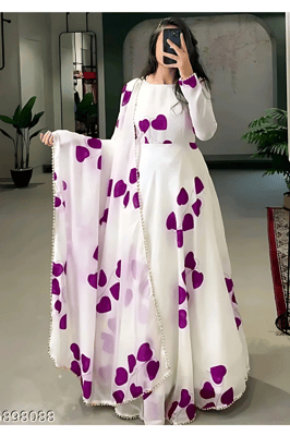 White Floral Gown With Dupatta Set for Women (Purple)