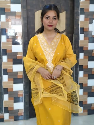 Trendy V Neck Roman Silk Yellow Kurta Set  