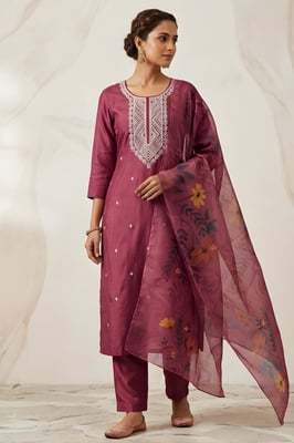 Beautiful Neck Embroidery Work Roman Silk Women Kurta Pant Dupatta Set 