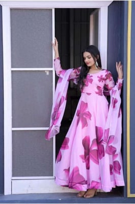 Pink Georgette Gown With Dupatta Set 