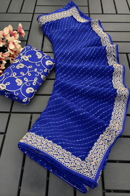 Striped, Embellished Georgette Saree , (blue))