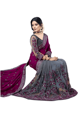 New Design Mirror Work Purple Grey Embroidered Net & Silk Saree With Blouse Piece 