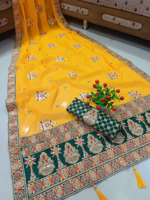 Embellished Embroidered Silk Blend Saree With Blouse Piece 