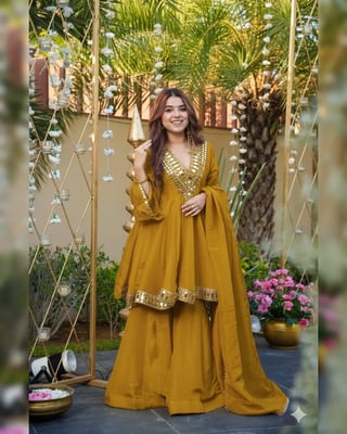 Golden Festive Wear Mirror Work Anarkali Kurta Set