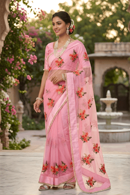 KANJIVARAM STYLE Embroidered Bollywood Net Saree (Pink)