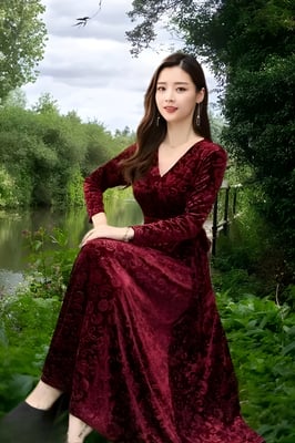 Velvet V-Neck Floral Maxi Dress - Elegant Spring Dress for Evening Party