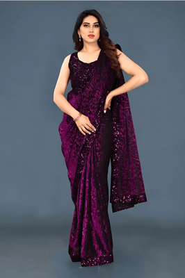 Emblished Partywear Lycra Blend Purple Saree