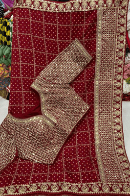 Embroidered Georgette Saree With Stitched Blouse (Maroon)