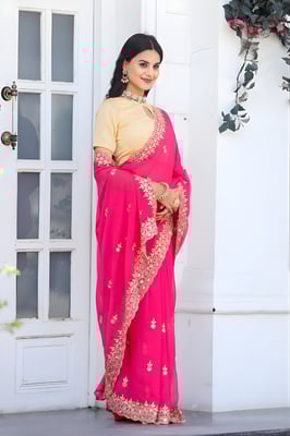 Self Design, Embroidered Bollywood Georgette Saree  (Pink)