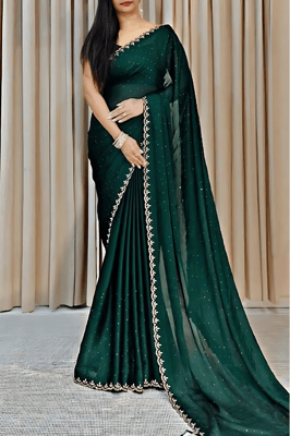 Emblished Chinnon Silk Saree With Blouse Piece (Green)