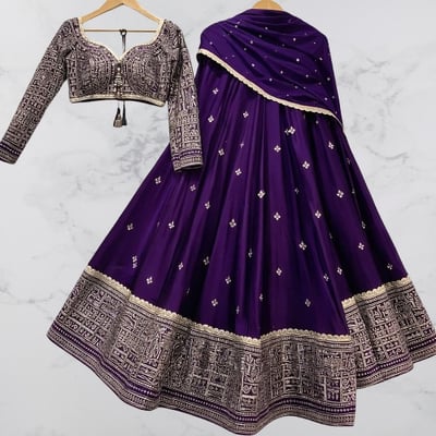 Fancy Chinnon Silk Embroidery Work Lehenga 
