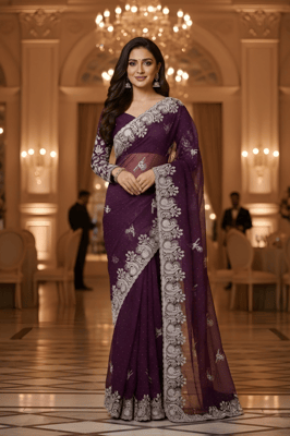 elegant purple saree is a designer piece characterized