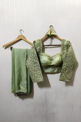 light green embroidered saree blouse and matching plain saree set.