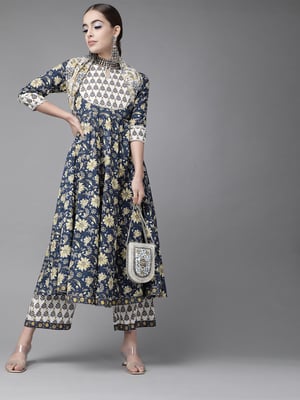 Libas Blue Printed Cotton Anarkali Kurta Set