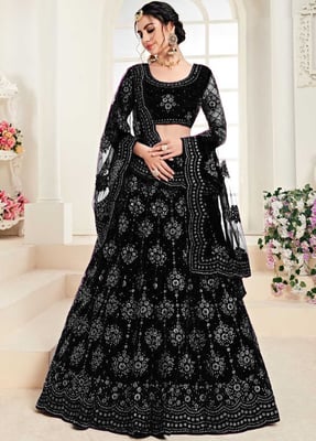 Embroidered Semi Stitched Black Net Lehenga