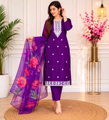 Fully stitched Embroidered Design Roman Silk Purple KurtaSet  