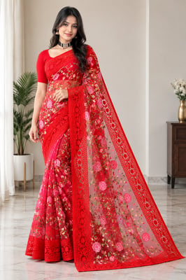 Embroidered Bollywood Net Saree With Attached Unstitched Blouse Piece (Pink) - Variant 1