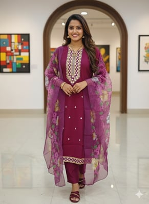 Roman silk woman kurti with pant and organza dupatta