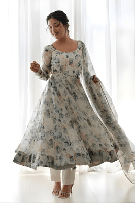 white Floral Gown With Dupatta Set for Women (blue)