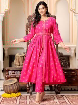 Partywear Gold Printed Pink Kurta Pant Set