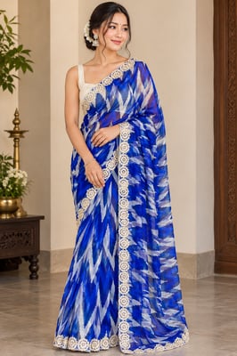 Chinnon Silk Mirror Border Printed Classic Saree With Blouse Piece 