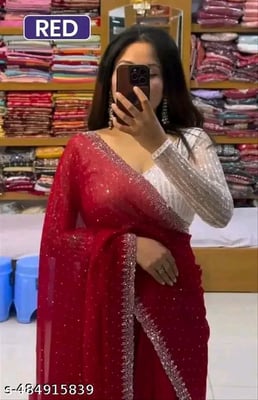 2SD Gratitude Dimond Work Georgette Chiffon Star Red Saree