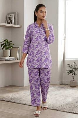 White Leaf Printed Pure Cotton Cord Set For Women (Lavender color)