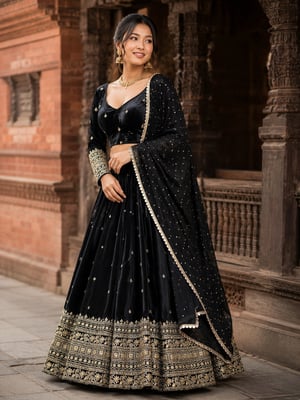 Black Fancy Embroidered Silk Lehenga Choli Dupatta Set for Women