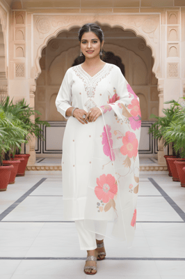  Premik White Kurta Pant Dupatta Set 