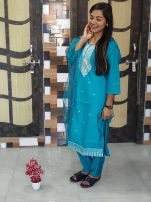 Neck Designed Fully Stitched Straight Kurta Set with Shwal (Sky Blue)