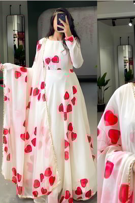 White Floral Gown With Dupatta Set for Women (red)